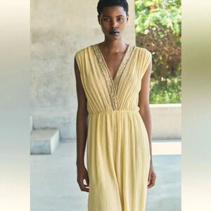 ZARA EMBROIDERED BEADED PASTEL YELLOW DRESS ZW COLLECTION